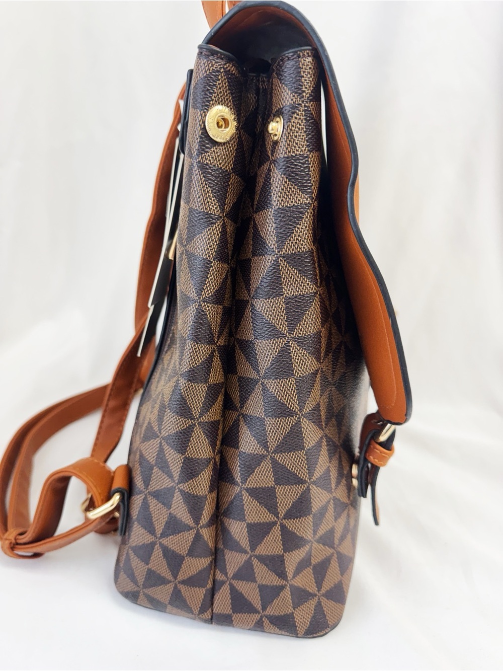 ATRIE vegan leather geometric fashion backpack, brown & Cognac, Front Flap NWT - Picture 6 of 10